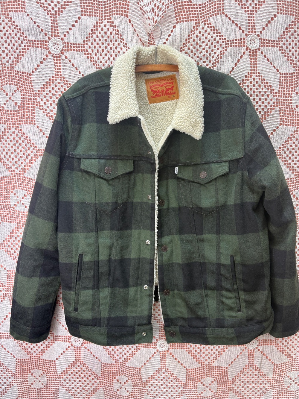 Levi’s Men’s XL Plaid Sherpa Trucker Jacket Green Black Wool Blend